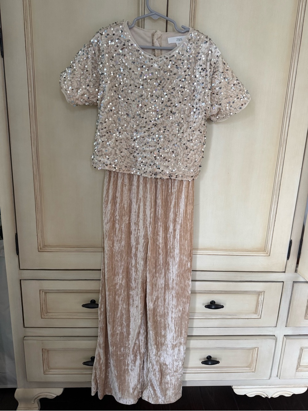 Zara Girls Champagne Sequin Top with Champagne Velvet Jumpsuit